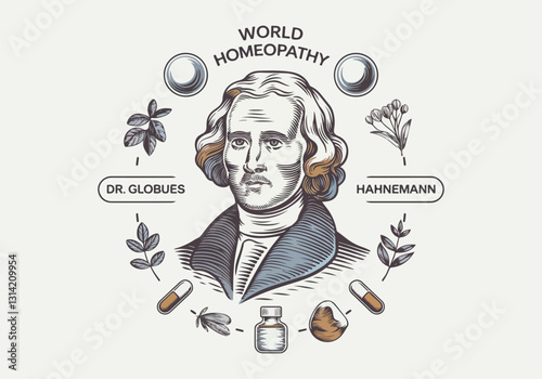 Vector Illustrations for World Homeopathy Day – Herbal Remedies, Homeopathic Bottles, Natural Healing, Icon Designs for Social Media, T-Shirts, Stickers, Posters, Print Cards & Animated GIFs