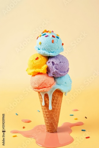 Whimsical ice cream cone with six vibrant scoops in blue, pink, green, yellow, purple, and orange, topped with colorful sprinkles, set against a bright yellow background. The classic waffle cone has a