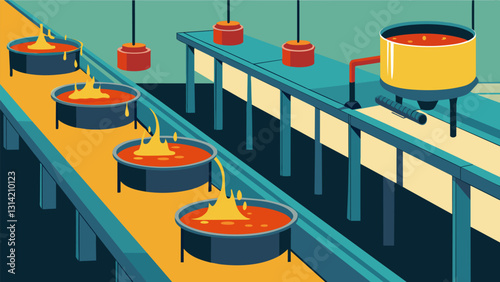 Massive vats of hot bubbling liquid lined up on conveyor belts being carefully mixed and agitated during the refining process.. Vector illustration