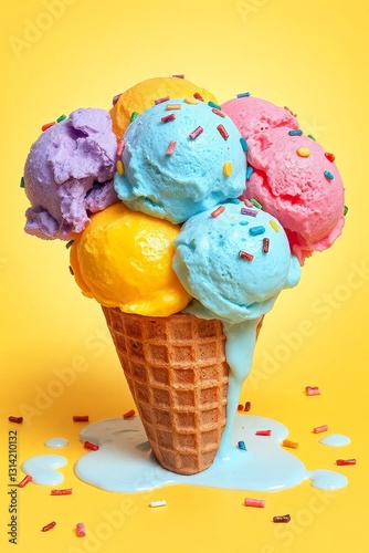 Whimsical ice cream cone with six vibrant scoops in blue, pink, green, yellow, purple, and orange, topped with colorful sprinkles, set against a bright yellow background. The classic waffle cone has a