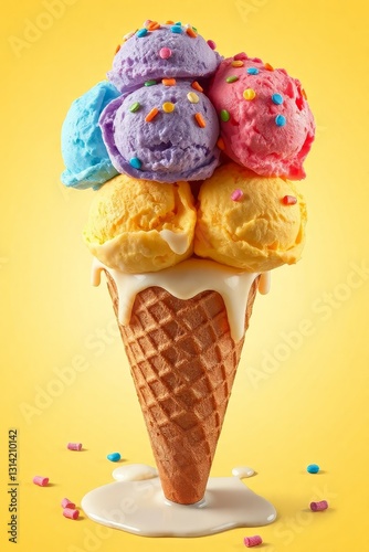 Whimsical ice cream cone with six vibrant scoops in blue, pink, green, yellow, purple, and orange, topped with colorful sprinkles, set against a bright yellow background. The classic waffle cone has a