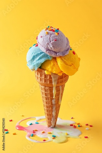 Whimsical ice cream cone with six vibrant scoops in blue, pink, green, yellow, purple, and orange, topped with colorful sprinkles, set against a bright yellow background. The classic waffle cone has a
