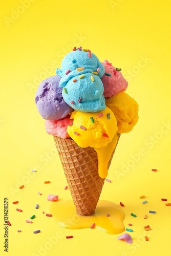 Whimsical ice cream cone with six vibrant scoops in blue, pink, green, yellow, purple, and orange, topped with colorful sprinkles, set against a bright yellow background. The classic waffle cone has a