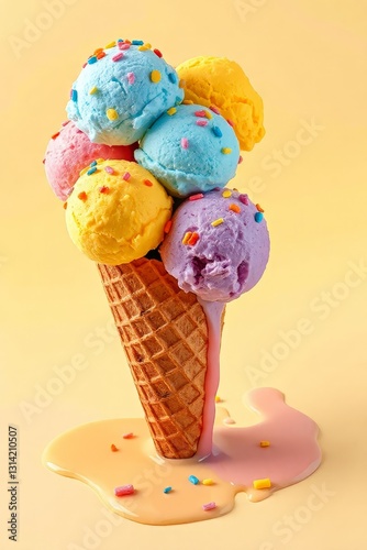 Whimsical ice cream cone with six vibrant scoops in blue, pink, green, yellow, purple, and orange, topped with colorful sprinkles, set against a bright yellow background. The classic waffle cone has a