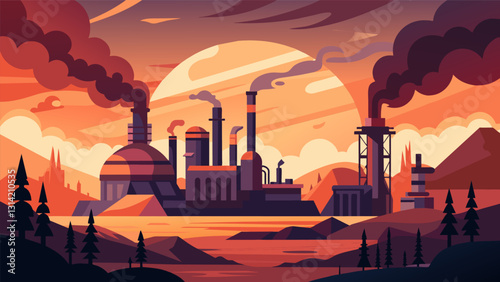 At the crack of dawn the oil refinery resembles a science fiction landscape with steam and smoke billowing from various structures.. Vector illustration