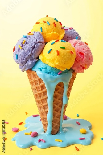 Whimsical ice cream cone with six vibrant scoops in blue, pink, green, yellow, purple, and orange, topped with colorful sprinkles, set against a bright yellow background. The classic waffle cone has a