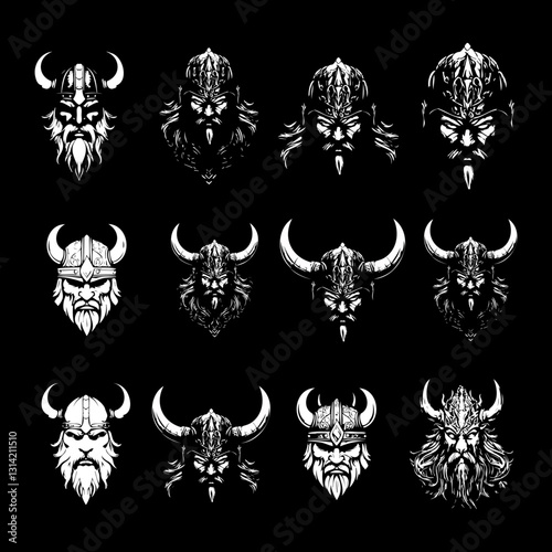 Set of Viking Warrior Illustrations Featuring Horned Helmets, Bearded Faces, and Norse Mythology-Inspired Designs in Black and White