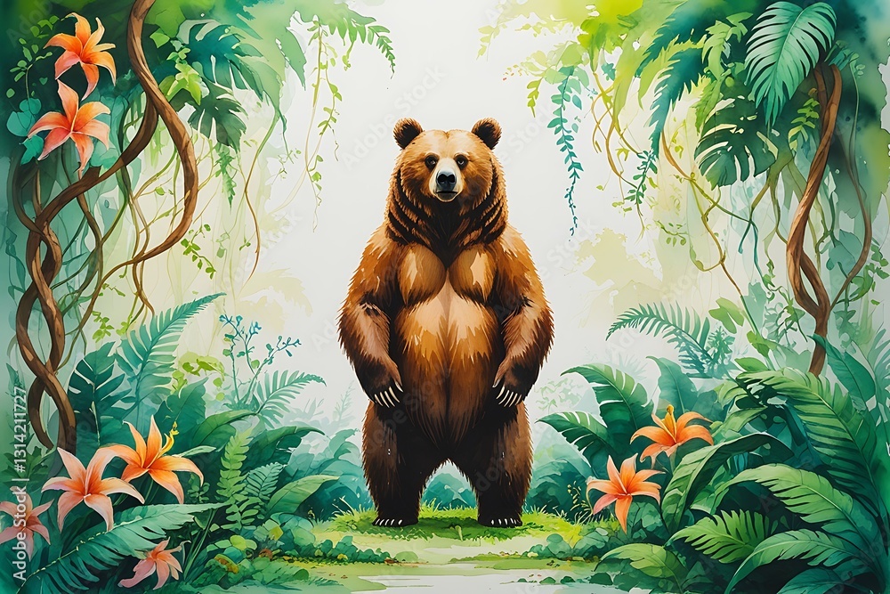 Obraz premium Majestic bear in lush jungle in watercolor style. 
