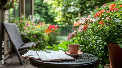Wallpaper Mural A spring morning with a cup of coffee and a newspaper placed on a patio surrounded by blooming flowers. Torontodigital.ca
