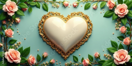 Ornate Heart-Shaped Frame Adorned with Delicate Pastel Roses and Tiny Pearl-Like Accents