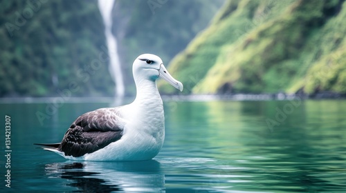 A white-faced booby floats peacefully on a calm turquoise lake, surrounded by lush green mountains and a waterfall photo