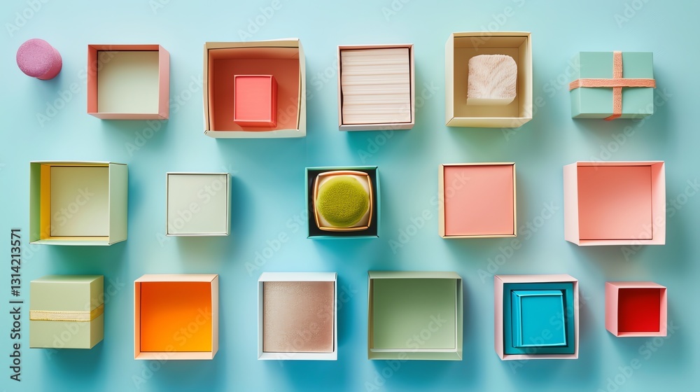A flat lay of many colorful boxes arranged in a grid pattern on a blue background. A flat lay of many colorful boxes arranged in a grid pattern on a blue background.