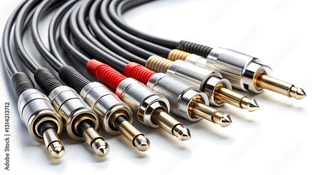 High-Angle View of Audio Cables on White Background - Copy Space High-Angle View of Audio Cables on White Background - Copy Space