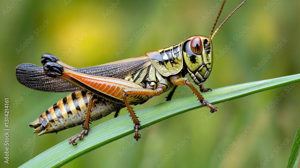 Close-up of a vibrant grasshopper on green leaf in natural habitat Close-up of a vibrant grasshopper on green leaf in natural habitat