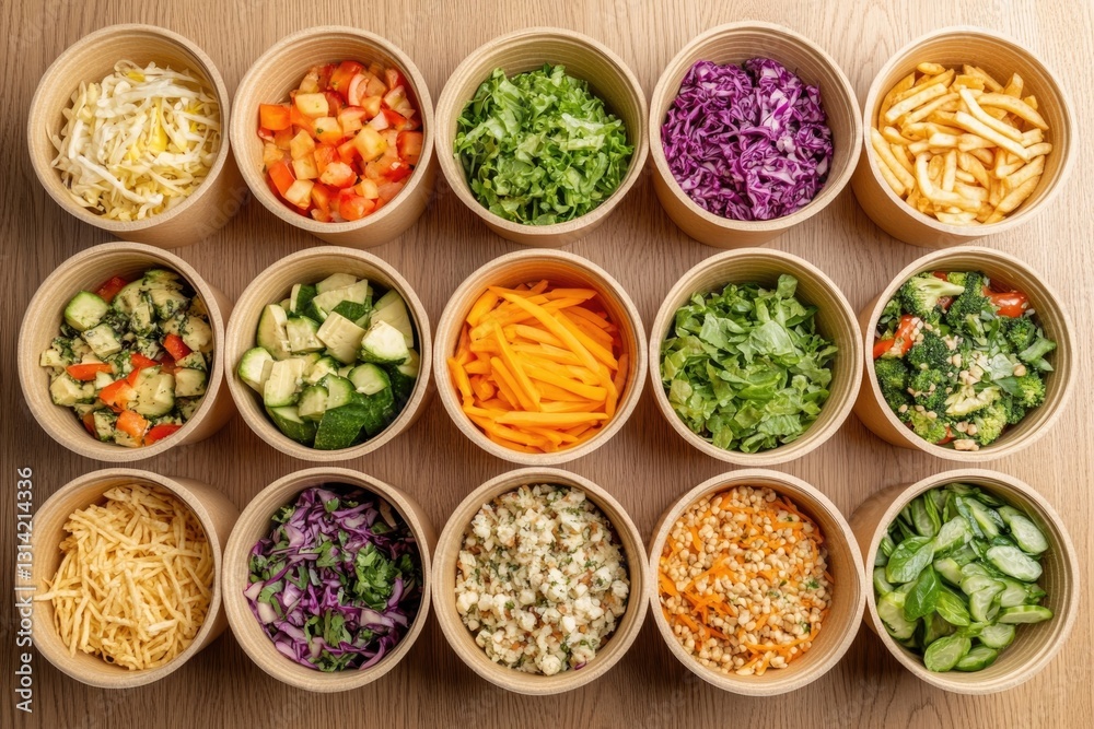 Fresh Salads Presented in Round Compostable Bowls on a Wooden Surface at a Casual Dining Setting Fresh Salads Presented in Round Compostable Bowls on a Wooden Surface at a Casual Dining Setting