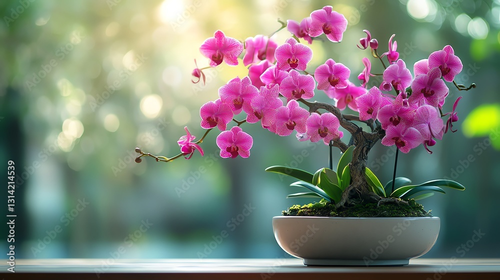 Pink Orchid Blossom in Pot on Table with Blurred Green Background Pink Orchid Blossom in Pot on Table with Blurred Green Background