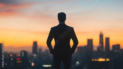 businessman on rooftop terrace looking over city skyline symbolizing success