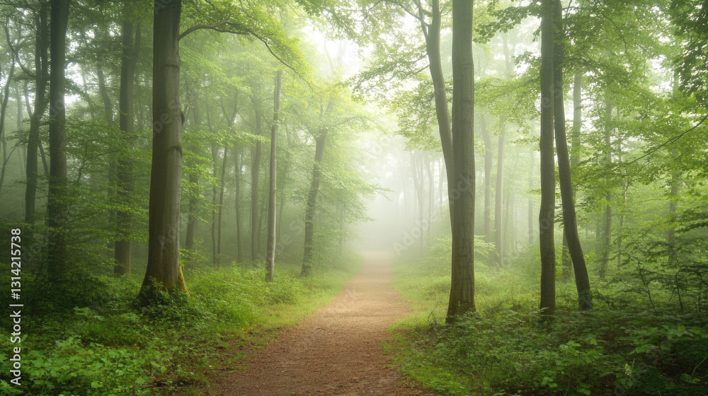 Misty forest pathway: serene greenery in a tranquil woodland scene