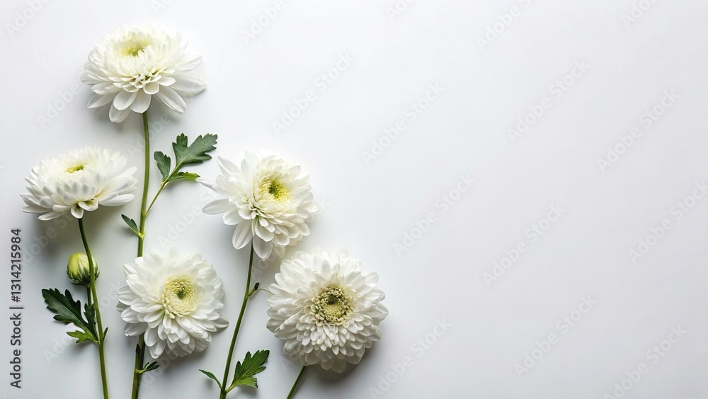 Fototapeta premium Minimalist Flat Lay Chrysanthemum Bloom on White Background - Luxury Floral Design