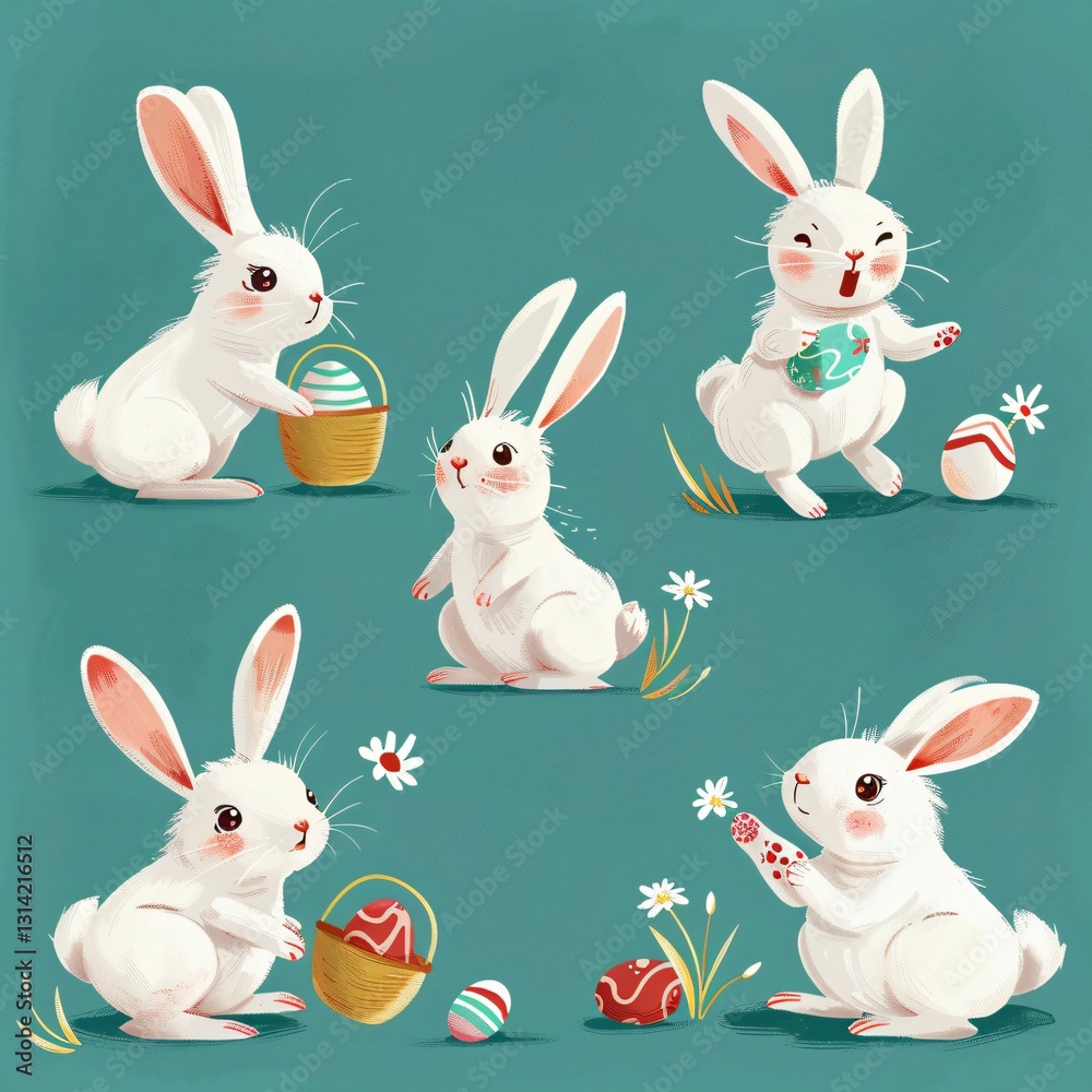 Playful Cartoon Bunnies with Easter Eggs and Colorful Decorations Playful Cartoon Bunnies with Easter Eggs and Colorful Decorations
