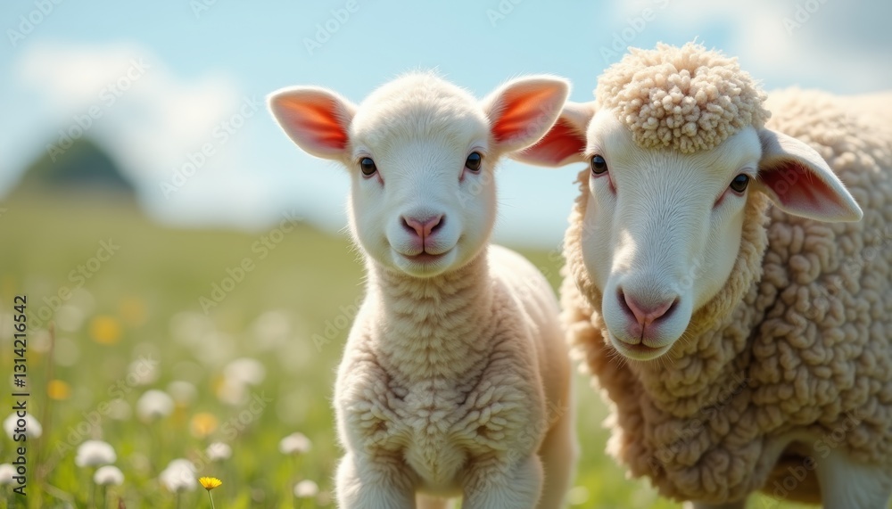 Fototapeta premium Lamb and sheep standing in a field of wildflowers under a clear blue sky. Ideal for themes of nature, agriculture, and livestock