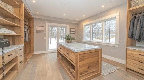 Modern walk-in closet with marble island