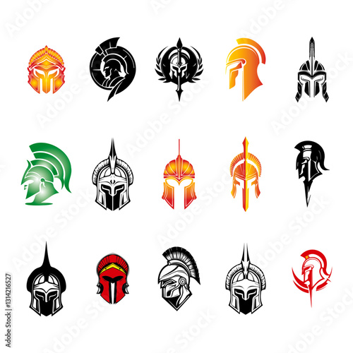 Collection of Spartan, Gladiator, and Roman Warrior Helmet Logos, Ancient Greek Soldier Head Icons, Military Tactical Armor Emblems in Modern Vector Art Style