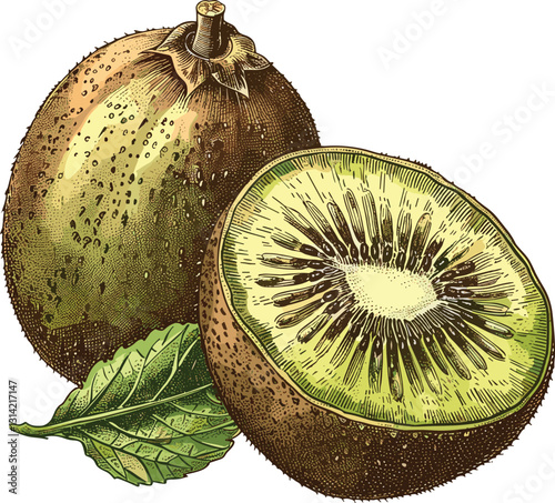 Old botanical illustration, kiwi vector isolated on transparent background, tropical fruit sketch, vintage botanical art, kiwi drawing, fruit illustration, retro design