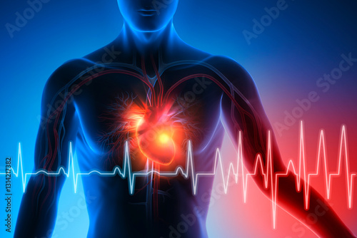 Man with heart attack with ECG graph against blue background conceptual artwork-3d illustration photo