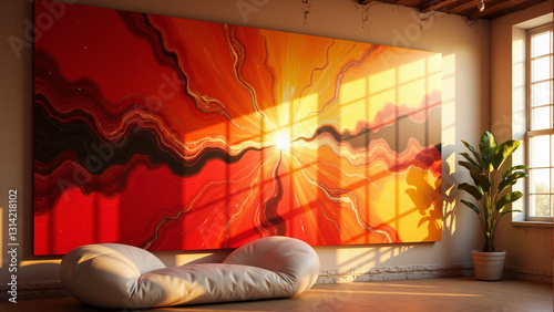 the interior of a room with sensuous murals hanging on the walls