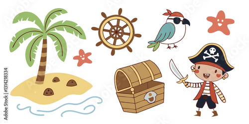 Cute Pirate Adventure Vector Set – Kids Treasure Island, Ship, Captain, Sailors & Fun Icons