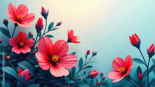 Vibrant coral blossoms and rich green foliage arranged artistically against a serene light blue backdrop create a stunning floral display