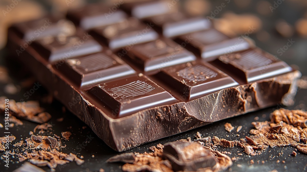 Dark chocolate bar with rich texture and shavings on a dark surface Dark chocolate bar with rich texture and shavings on a dark surface