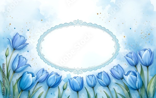 Blue tulip background image, card flower frame, anniversary texture banner