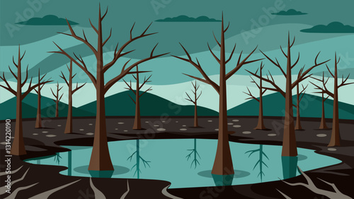Skeletal trees lining the edges of the coal ash waste ponds unable to survive in the contaminated soil.. Vector illustration
