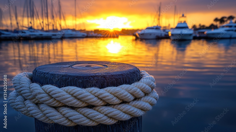 Obraz premium Sunrise marina mooring rope knot close-up