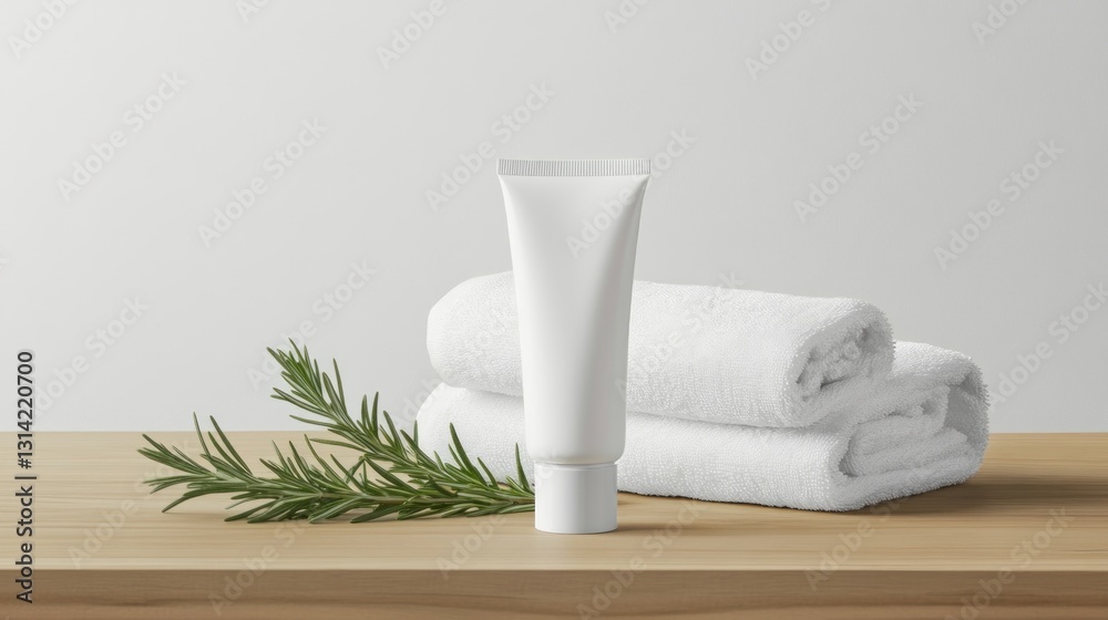 White tube product on wooden surface with towels and rosemary White tube product on wooden surface with towels and rosemary