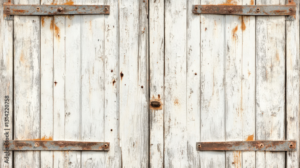 Rustic weathered wooden barn doors with rusty hinges and distressed white paint Rustic weathered wooden barn doors with rusty hinges and distressed white paint