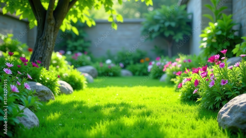 Obraz premium Serene Garden Oasis Lush Green Lawn, Vibrant Blooms, and Tranquil Stone Accents