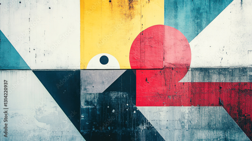 Naklejka premium Abstract geometric street art with bold colors and shapes on concrete wall