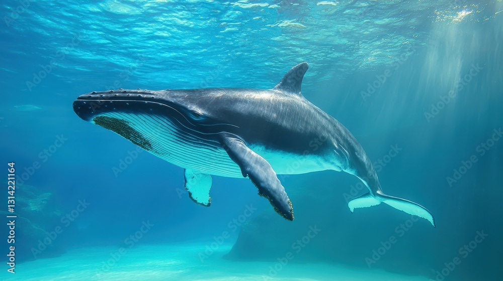 Fototapeta premium Ecological impact conservation recovery concept. Whale swimming gracefully underwater in bright blue ocean.