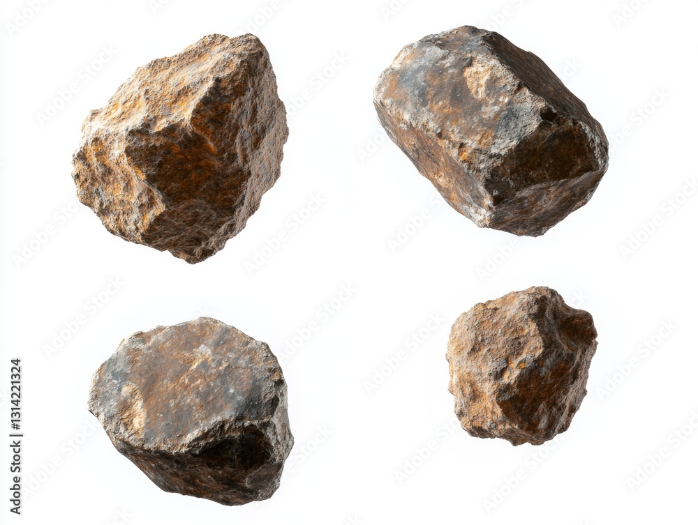 Natural rocks displayed from various angles on white background Natural rocks displayed from various angles on white background