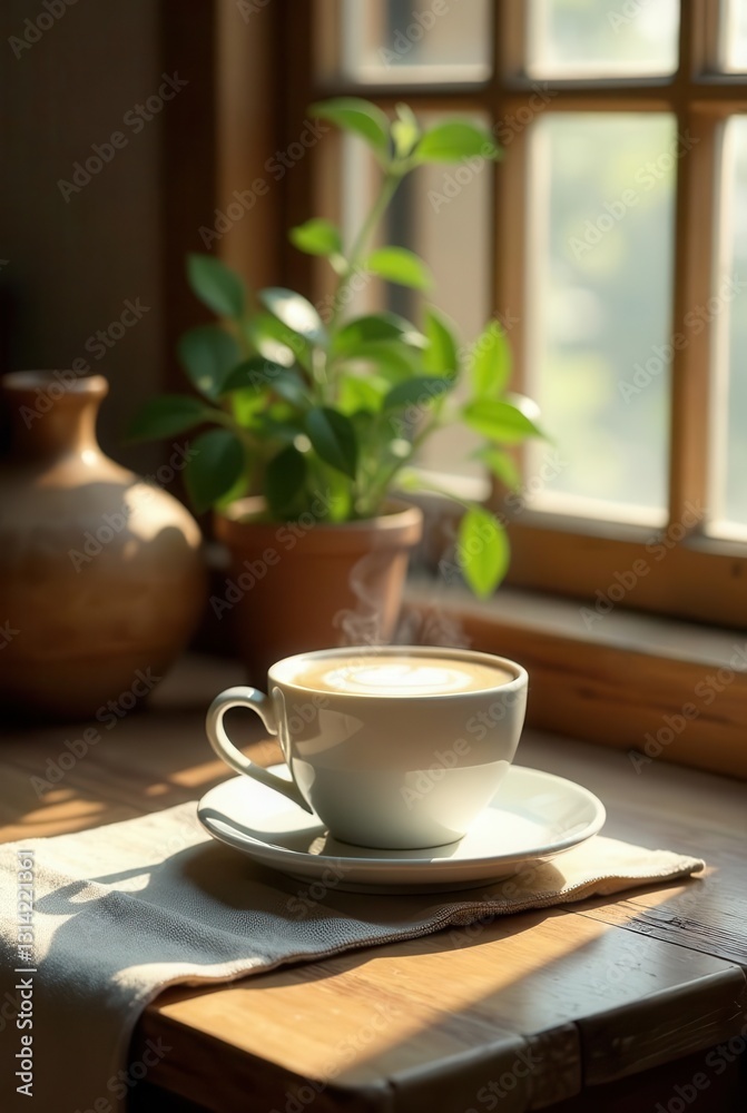 Warm morning sunlight streams through a window, illuminating a steaming cup of coffee on a rustic wooden table, beside a potted plant and earthenware vessel. Warm morning sunlight streams through a window, illuminating a steaming cup of coffee on a rustic wooden table, beside a potted plant and earthenware vessel.