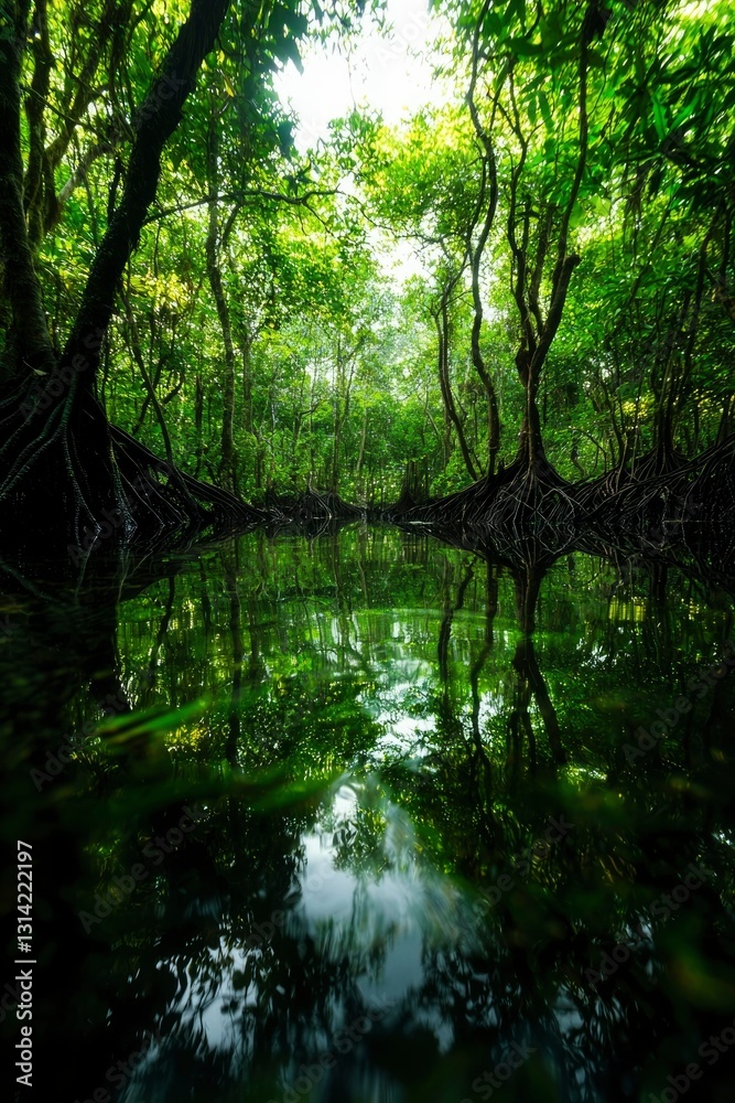Obraz premium Lush tropical forest reflecting in still water