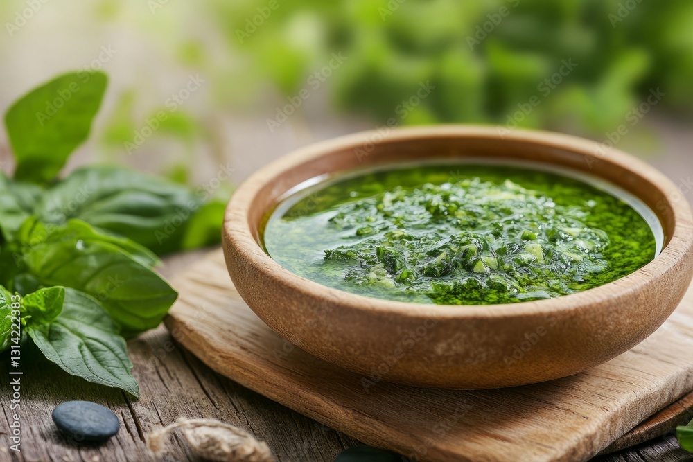 Pesto sauce with basil, garlic, parmesan cheese, pine nuts and olive oil in wooden bowl on rustic table Pesto sauce with basil, garlic, parmesan cheese, pine nuts and olive oil in wooden bowl on rustic table