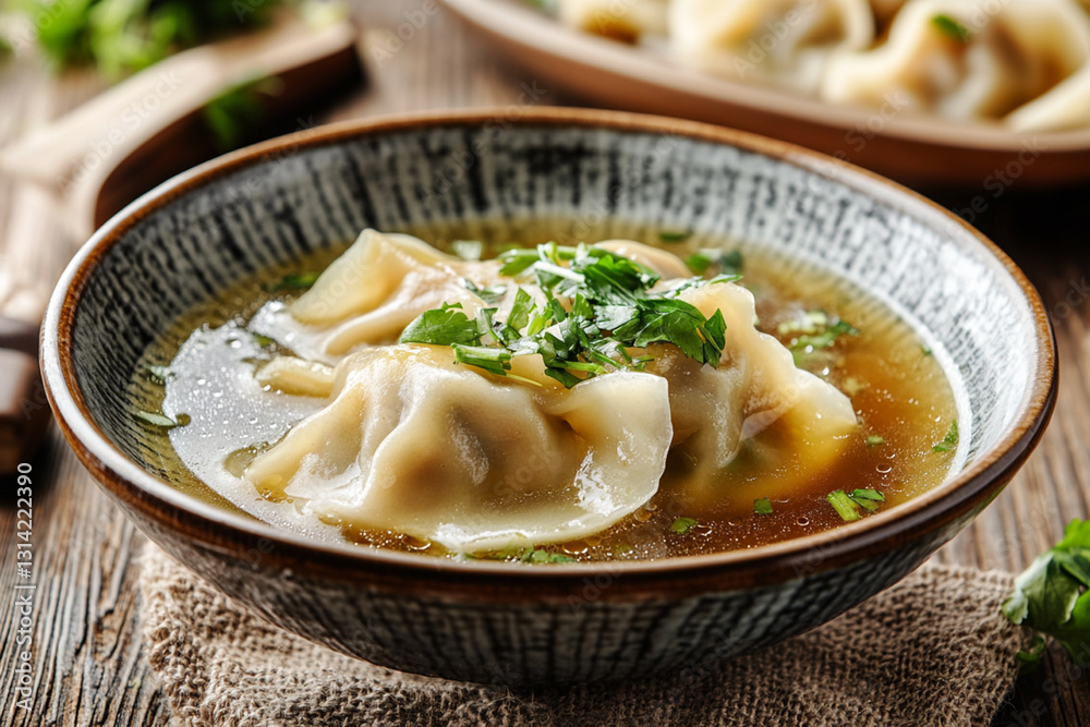 A portion of wonton with a fragrant broth, garnished with herbs and served in a ceramic bowl A portion of wonton with a fragrant broth, garnished with herbs and served in a ceramic bowl