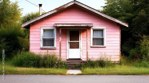 A vintage pink house with an overgrown garden presents a nostalgic and inviting charm, reflecting a story of time while harmonizing with the surrounding natural elements.