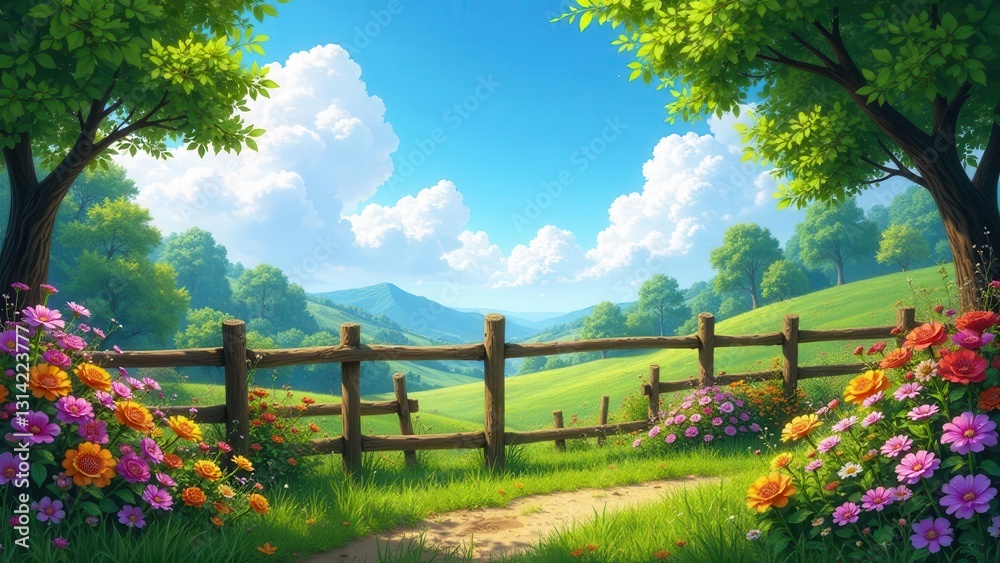 Fototapeta premium A Serene Pastoral Scene Rolling Hills, Vibrant Blooms, and a Rustic Wooden Fence on a Sunny Day