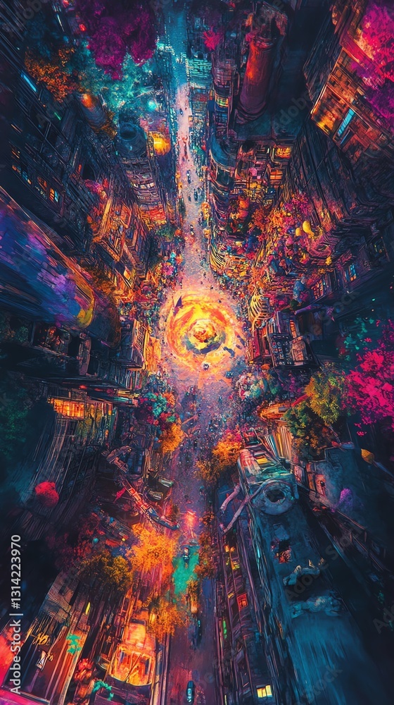 Obraz premium Vibrant, surreal cityscape at night. A bird's-eye view of a neon-lit, futuristic metropolis with swirling energy.