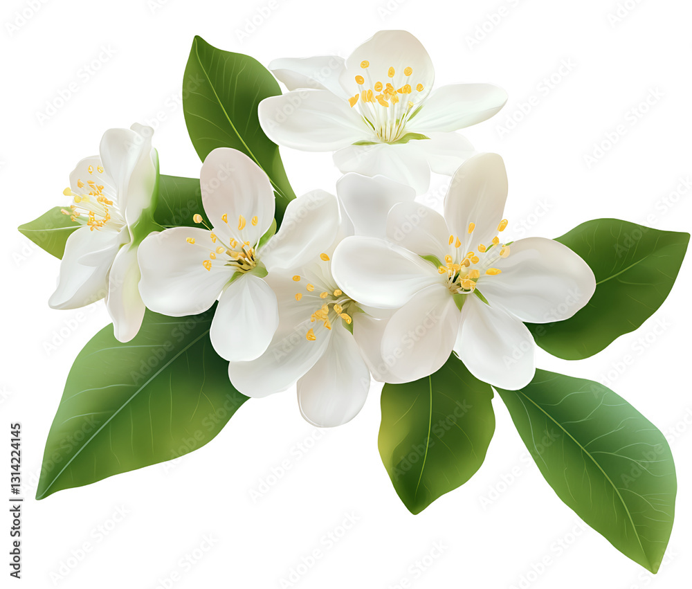 Obraz premium White lemon blossom flower with green leaves on a transparent background, cutout PNG file